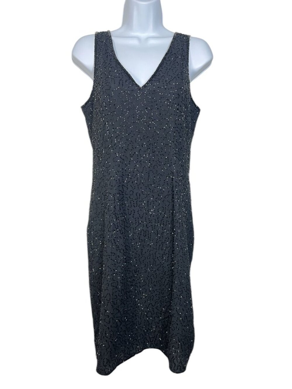 Vintage 90s Beaded Cocktail Dress Sleeveless Mini Fitted Black JMD New York Medi